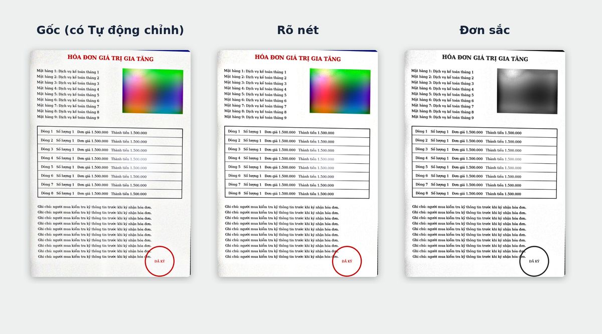 Chế độ màu khi scan tài liệu: Gốc, Rõ nét, Đơn sắc