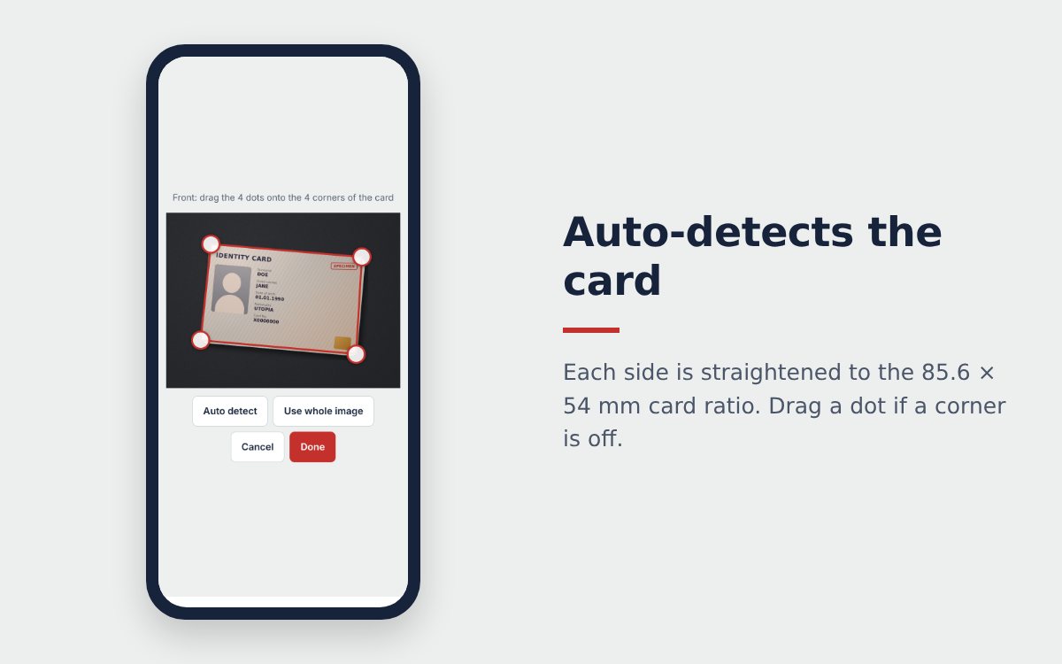 The ID card scanner detecting the 4 corners of the card on a phone