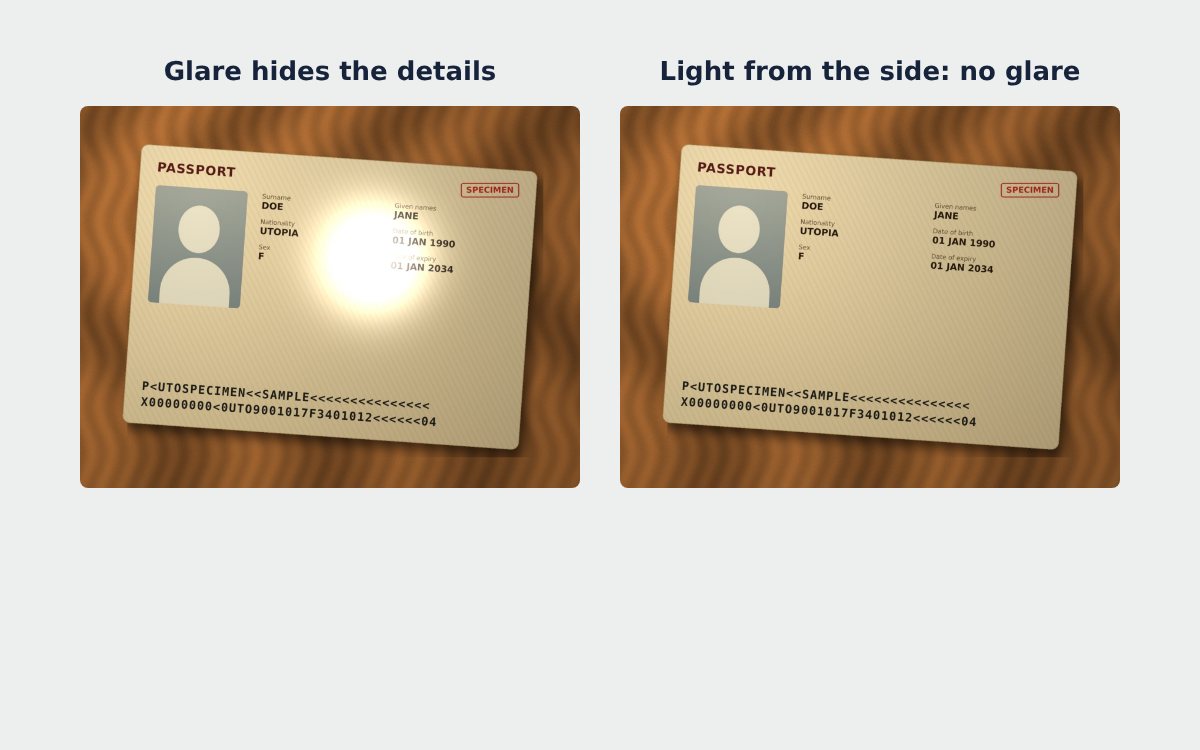Passport photo with glare compared with a photo without glare