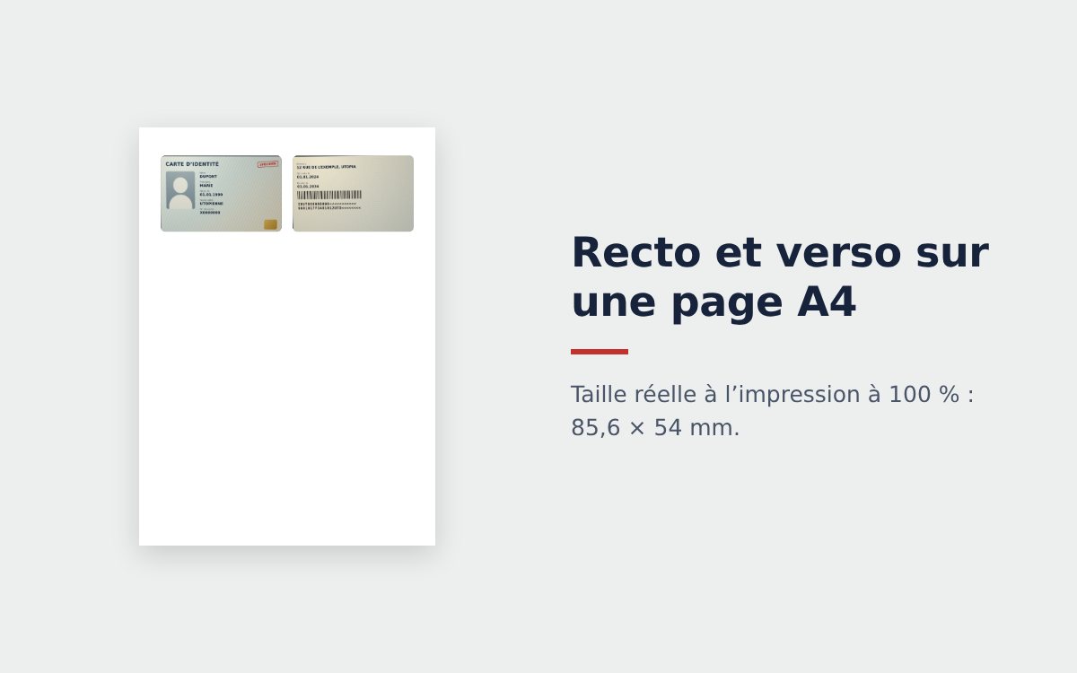 Recto et verso d’une carte d’identité côte à côte sur une page A4 en taille réelle
