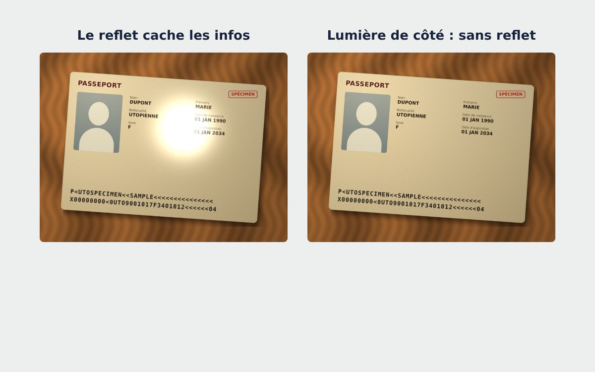 Photo de passeport avec reflet comparée à une photo sans reflet