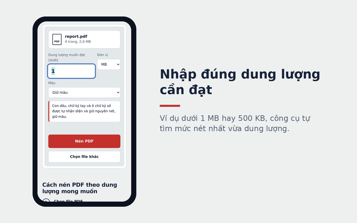 Ô nhập dung lượng muốn đạt khi nén PDF