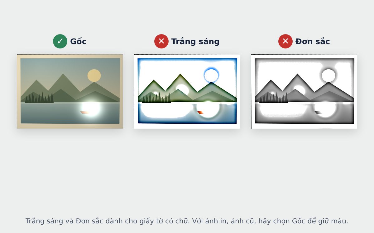 Scan hình ảnh ở 3 chế độ màu: Gốc, Trắng sáng, Đơn sắc